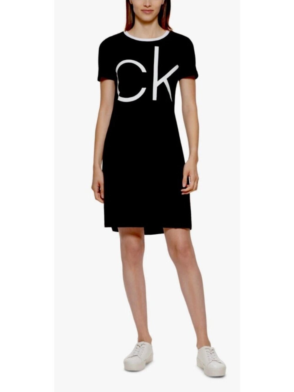 Calvin Klein T Shirt Dress Size Large Black Short Sleeve Crewneck Graphic Logo